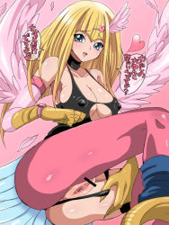 Rule 34 | 1girl, alternate breast size, bar censor, blonde hair, blue eyes, blush, breasts, censored, cleavage, duel monster, happy, harpie girl (yu-gi-oh!), harpy, highres, leotard, long hair, monster girl, no bra, no panties, presenting, pussy, shiny skin, translation request, wide hips, wings, yu-gi-oh!, yuuga (cherrybomb-g)