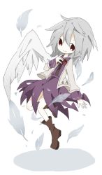 Rule 34 | 1girl, boots, bow, bowtie, feathered wings, feathers, full body, grey hair, hair between eyes, jacket, kishin sagume, large wings, light smile, long sleeves, looking at viewer, mono (mononomo), red eyes, short hair, simple background, single wing, skirt, skirt set, solo, tareme, touhou, white background, white wings, wings