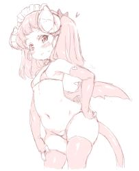 Rule 34 | 1girl, bikini, blush, bow, copyright request, demon girl, demon horns, demon wings, elbow gloves, fingerless gloves, flat chest, gloves, hair bow, hand on own hip, hand on own leg, heart, horns, looking at viewer, maid headdress, medium hair, micro bikini, monochrome, navel, randou, sketch, solo, stomach, sweatdrop, swimsuit, tail, thighhighs, twintails, wings