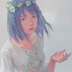 Rule 34 | 1girl, alternate hair length, alternate hairstyle, blue eyes, blue hair, braid, closed mouth, daisy, dress, flower, grey background, hair flower, hair ornament, hands up, hatsune miku, highres, lips, looking at viewer, pink lips, short hair, short sleeves, side braid, simple background, solo, tunapon01, twin braids, vocaloid, white dress