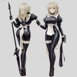 Rule 34 | 1girl, apron, ass, black bodysuit, black footwear, black gloves, blonde hair, bodysuit, breasts, chowbie, full body, gloves, grey background, high heels, holding, holding weapon, large breasts, latex, latex bodysuit, long hair, looking at viewer, maid, maid headdress, multiple views, original, parted lips, polearm, resolution mismatch, riding crop, simple background, skin tight, smile, source larger, spear, standing, waist apron, weapon, white apron, yellow eyes