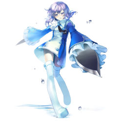 Rule 34 | 00s, 1girl, blade, boots, brown hair, bun-o, detached sleeves, dress, dual wielding, echo (pandora hearts), foreshortening, frills, frown, holding, knife, necktie, pandora hearts, purple eyes, purple hair, short dress, short hair, simple background, solo, thigh boots, thighhighs, water drop, white thighhighs