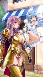 Rule 34 | 2girls, absurdres, angel wings, armor, armored boots, artist request, ass, asymmetrical wings, bikini armor, black gloves, blue hair, blunt ends, boots, breastplate, breasts, cape, center opening, chemise, circlet, claudette (queen&#039;s blade), claudette (queen&#039;s blade unlimited), cleavage, cleavage cutout, closed mouth, clothing cutout, company connection, curvy, day, elbow gloves, faulds, floating, g-string, gem, gloves, gold armor, greaves, green eyes, hair bobbles, hair ornament, halterneck, highleg, highleg panties, highres, interlocked fingers, large breasts, long hair, looking at viewer, multiple girls, nanael (queen&#039;s blade), nanael (queen&#039;s blade unlimited), navel, navel cutout, official art, open mouth, outdoors, outline, own hands together, panties, pantyshot, pauldrons, polka dot, polka dot panties, purple eyes, purple hair, purple panties, queen&#039;s blade, queen&#039;s blade unlimited, queen&#039;s blade white triangle, red cape, short hair, shoulder armor, sidelocks, standing, straight hair, string panties, thighs, thong, underwear, vambraces, weapon, white gloves, white wings, winged footwear, wings