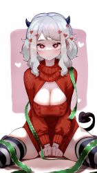 Rule 34 | 1girl, alternate costume, breasts, christmas sweater, cleavage cutout, clothing cutout, demon girl, demon horns, demon tail, heart, heart-shaped pupils, helltaker, highres, horns, kashu (hizake), large breasts, modeus (helltaker), no pants, red eyes, sitting, solo, striped clothes, striped thighhighs, symbol-shaped pupils, tail, thighhighs, thighs, v arms, wariza, white hair