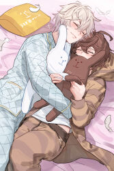 Rule 34 | ahoge, alternate costume, bed sheet, bishounen, blue pajamas, blush, brown hair, brown pajamas, commentary, commentary request, cowboy shot, feathers, granblue fantasy, hair between eyes, highres, holding, holding stuffed toy, hood, hood down, hug, light smile, lucifer (shingeki no bahamut), lying, male focus, on back, on side, pajamas, pants, pillow, print pajamas, sandalphon (granblue fantasy), shirt, short hair, sleeping, sleepwear, striped clothes, striped pajamas, stuffed toy, sweatpants, tekki (tki), white feathers, white hair, white shirt, yaoi