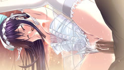 Rule 34 | 1boy, 1girl, against tree, aqua bow, armpits, bare shoulders, blush, bow, breasts, breasts out, censored, choker, closed eyes, clothed sex, clothing aside, cum, cum in pussy, dress, ejaculation, eyebrows, flat chest, frilled thighhighs, frills, game cg, hair bow, hair ornament, hair ribbon, hetero, ichijo akira, leg up, light particles, long hair, m&amp;m, mosaic censoring, nipples, non-web source, open mouth, outdoors, outstretched arms, panties, panties aside, penis, purple hair, ribbon, saliva, satet, satis (verethragna seisen no duelist), see-through, sex, solo focus, standing, standing on one leg, sweat, tears, thighhighs, tongue, tree, underwear, vaginal, verethragna seisen no duelist, white dress, white panties, white thighhighs