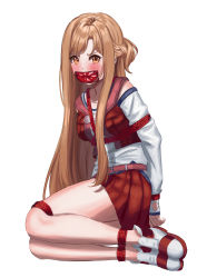 Rule 34 | absurdres, armor, armored dress, asuna (sao), bare legs, bdsm, blush, bondage, bound, braid, breasts, cailin020, collarbone, gag, gagged, highres, long hair, looking at viewer, medium breasts, orange eyes, orange hair, parted bangs, red skirt, shoes, sitting, skirt, sword art online, thighs, uniform, very long hair, white background