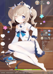 Rule 34 | 1girl, ;o, absurdres, barbara (genshin impact), blue eyes, blue hat, blurry, blurry background, blush, book, bow, brown hair, commentary request, depth of field, detached sleeves, diluc (genshin impact), dress, fufumi, gameplay mechanics, genshin impact, hair between eyes, hat, heart, heart-shaped pupils, highres, indoors, kaeya (genshin impact), long hair, long sleeves, looking at viewer, lumine (genshin impact), no shoes, one eye closed, pantyhose, parted lips, ringlets, sleeves past wrists, solo, star (symbol), strapless, strapless dress, symbol-shaped pupils, translation request, twintails, white bow, white dress, white pantyhose, white sleeves