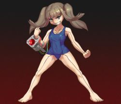 Rule 34 | 1girl, barefoot, blunt bangs, brown eyes, brown hair, clenched hand, feet, floating hair, fukouna shoujo 03, full body, grin, legs, long hair, looking at viewer, machine, meme, naughty face, one-piece swimsuit, school swimsuit, smile, solo, standing, swimsuit, thighs, toes, triple-q, twintails, vvindowsme