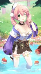 Rule 34 | 1girl, ;d, absurdres, artist name, atelier (series), atelier escha &amp; logy, bangle, basket, binato lulu, blurry, bracelet, breasts, cleavage, collarbone, day, depth of field, escha malier, fence, flower, grass, green eyes, hair between eyes, hat, highres, jewelry, long hair, looking at viewer, low twintails, medium breasts, off shoulder, one eye closed, open mouth, outdoors, pink hair, skirt, sleeves past wrists, smile, solo, tail, thighhighs, twintails, wading, water, white hat, white thighhighs, wooden fence