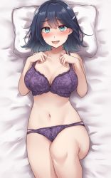 Rule 34 | 1girl, absurdres, blue eyes, blue hair, blush, bra, breasts, cleavage, collarbone, hair ornament, hairclip, hands on own chest, highres, kantai collection, kiritto, large breasts, looking at viewer, lying, medium hair, official alternate hairstyle, on back, on bed, open mouth, panties, purple bra, purple panties, solo, souryuu (kancolle), underwear