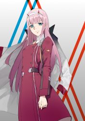 Rule 34 | 1girl, blue eyes, darling in the franxx, dress, hairband, highres, horns, long hair, long sleeves, looking at viewer, military, military uniform, pink hair, red dress, smile, solo, standing, uniform, very long hair, white hairband, wujia xiaozi, zero two (darling in the franxx)