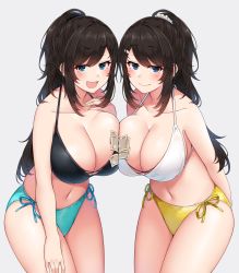 Rule 34 | 2girls, arms behind back, asymmetrical docking, bikini, black bikini, black hair, blue bikini, blue eyes, blue ribbon, breast press, breasts, cleavage, collarbone, cowboy shot, grey background, hair ornament, hairclip, hand on own chest, highres, large breasts, leaning forward, long hair, looking at viewer, mismatched bikini, money, multiple girls, navel, open mouth, original, ponytail, ribbon, side-tie bikini bottom, simple background, smile, stomach, suruga (xsurugax), swept bangs, swimsuit, thighs, very long hair, white bikini, yellow bikini, yellow ribbon