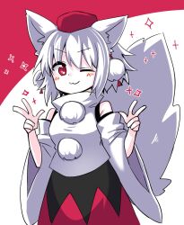 Rule 34 | 1girl, :3, animal ears, black skirt, double v, highres, inubashiri momiji, looking at viewer, one eye closed, pokopoko ponzu, pom pom (clothes), red background, red eyes, shirt, skirt, smile, solo, tail, touhou, two-tone background, upper body, v, white background, white hair, white shirt, wolf ears, wolf girl, wolf tail