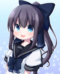 Rule 34 | 1girl, :d, black bow, black sailor collar, blue background, blue eyes, blush, bow, breasts, commentary request, floral background, gradient background, hair between eyes, hair bow, long hair, looking at viewer, open mouth, original, ponytail, puffy short sleeves, puffy sleeves, rensei, sailor collar, school uniform, serafuku, shirt, short sleeves, small breasts, smile, solo, teeth, upper body, upper teeth only, very long hair, white shirt