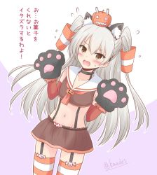 Rule 34 | 1girl, adapted costume, amatsukaze (kancolle), animal ear fluff, animal ears, animal hands, brown eyes, brown skirt, cat ears, commentary request, cowboy shot, crop top, flying sweatdrops, garter straps, gloves, hair tubes, jack-o&#039;-lantern, kantai collection, long hair, looking at viewer, midriff, navel, one-hour drawing challenge, orange neckwear, paw gloves, paw pose, pleated skirt, sailor collar, sailor shirt, shirt, shizuna kaede, silver hair, skirt, solo, standing, striped clothes, striped thighhighs, thighhighs, translation request, twitter username, two side up, white sailor collar