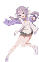 Rule 34 | 1girl, angelchama, hair flaps, hair ribbon, highres, hololive, hololive english, jacket, koseki bijou, long hair, looking at viewer, miniskirt, open mouth, pointing, pointing at viewer, purple eyes, purple hair, purple jacket, ribbon, shirt, shoes, skirt, smile, sneakers, track jacket, twintails, virtual youtuber, white background