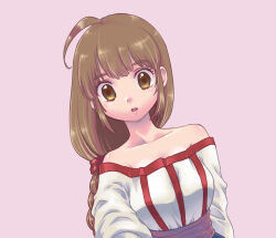 Rule 34 | 1girl, arc the lad, bare shoulders, braid, breasts, brown eyes, brown hair, collarbone, dress, lieza (arc the lad), long hair, looking at viewer, medium breasts, open mouth, simple background, single braid, solo, taiko poco, very long hair