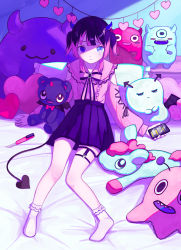 Rule 34 | 1girl, banner, bare shoulders, black hair, blue eyes, blunt bangs, bobby socks, bow, boxcutter, cellphone, clothing cutout, collared shirt, cross-laced clothes, cross-laced sleeves, demon horns, demon tail, frills, frown, garter straps, heart, heart-shaped pillow, highres, holding, holding phone, horns, long sleeves, looking away, medium hair, mishio (misio 40), multicolored hair, neck ribbon, no shoes, on bed, original, phone, pillow, pink hair, pleated skirt, ribbon, shadow, shirt, shirt tucked in, shoulder cutout, sidelocks, single garter strap, sitting, skirt, smartphone, socks, solo, striped, striped bow, stuffed alien, stuffed animal, stuffed demon, stuffed horse, stuffed monster, stuffed toy, tail, tears, teddy bear, thigh strap, twintails, two-tone hair