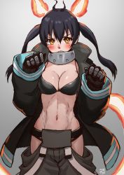 Rule 34 | 1girl, artist name, baggy pants, bikini, bikini top only, black bikini, black hair, blush, breasts, bright pupils, cleavage, closed mouth, commentary, embarrassed, en&#039;en no shouboutai, finalcake, fire, firefighter, firefighter jacket, gloves, gradient background, grey background, hair between eyes, hip vent, jacket, looking at viewer, medium breasts, navel, open clothes, open jacket, pants, simple background, sketch, solo, swimsuit, tamaki kotatsu, twintails, upper body, white pupils, yellow eyes
