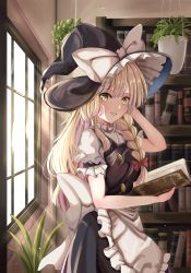 Rule 34 | 1girl, apron, back bow, black headwear, black skirt, black vest, blonde hair, book, bow, buttons, commentary request, cowboy shot, erisauria, frilled apron, frilled hairband, frills, grin, hairband, hat, hat bow, highres, holding, holding book, indoors, kirisame marisa, library, long hair, skirt, smile, solo, touhou, very long hair, vest, waist apron, waist bow, white apron, white bow, window, witch hat, yellow eyes
