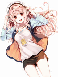 Rule 34 | 1girl, breasts, cleavage, headphones, jacket, jewelry, long hair, miniskirt, necklace, nitroplus, open mouth, parsley-f, pink hair, red eyes, simple background, skirt, solo, super sonico, teeth
