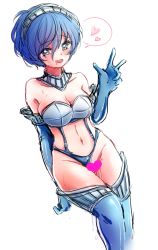 Rule 34 | 1girl, artist request, bare shoulders, blue eyes, blue hair, blush, boots, breasts, choker, cleavage, elbow gloves, gender request, genderswap, gloves, hairband, heart, high-cut armor (persona), persona, persona 3, saliva, short hair, spoken heart, sweat, thigh boots, thighhighs, v, yuuki makoto (persona 3)