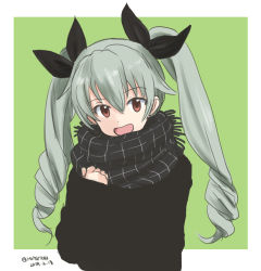 Rule 34 | 1girl, :d, anchovy (girls und panzer), black ribbon, black scarf, black sweater, casual, commentary, dated, drill hair, fringe trim, girls und panzer, green background, green hair, hair ribbon, head tilt, long hair, long sleeves, looking at viewer, mutsu (layergreen), one-hour drawing challenge, open mouth, outside border, plaid, plaid scarf, red eyes, ribbon, scarf, smile, solo, sweater, twin drills, twintails, twitter username, upper body