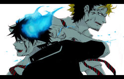 Rule 34 | 2boys, akuhaku, ao no exorcist, black hair, blood, blouse, blue eyes, collared shirt, earrings, facial hair, fist bump, from side, jewelry, letterboxed, multicolored hair, multiple boys, necktie, okumura rin, pointy ears, shirt, simple background, sleeves rolled up, striped necktie, striped neckwear, stubble, suguro ryuuji, white background, white shirt