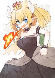 Rule 34 | 1girl, ark kan, armlet, bare shoulders, black dress, blonde hair, blue eyes, bowsette, bracelet, breasts, breath weapon, breathing fire, cleavage, collar, commentary, dress, earrings, fang, fire, horns, jewelry, large breasts, long hair, looking at viewer, mario (series), new super mario bros. u deluxe, nintendo, open mouth, pointy ears, ponytail, shell, single horn, skirt hold, smile, solo, spiked armlet, spiked bracelet, spiked collar, spikes, super crown, tail