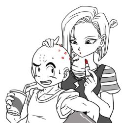 Rule 34 | android 18, bald, blonde hair, confused, couple, dragon ball, dragonball z, drinking, happy, height difference, kissing back, kuririn, lipstick, makeup, nervous smile, nervous sweating, short hair, smile, spot color, sweat, sweatdrop, tagme