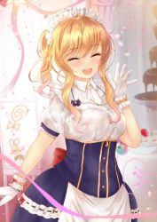 Rule 34 | 1girl, :d, alternate costume, blonde hair, blurry, blurry background, blush, bow, breasts, chocolate, chocolate fountain, closed eyes, cowboy shot, dress, enmaided, facing viewer, gloves, hand up, highres, idolmaster, idolmaster cinderella girls, long hair, maid, maid headdress, multicolored hair, ohtsuki yui, open mouth, puffy sleeves, red bow, short sleeves, sidelocks, smile, solo, table, teeth, temichama, translation request, upper teeth only, white gloves, wrist cuffs