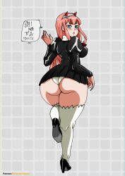 Rule 34 | 1girl, absurdres, agent aika, aika (series), artist name, ascot, ass, black delmo, black dress, black jacket, black skirt, blunt bangs, blush, breasts, cosplay, crossover, darling in the franxx, delmogeny uniform, dress, female focus, from behind, full body, green eyes, hairband, highres, horns, huge ass, jacket, juliet sleeves, large breasts, long hair, long sleeves, looking at viewer, looking back, miniskirt, oni horns, open mouth, panties, pantyshot, pink hair, pleated dress, pleated skirt, puffy sleeves, red horns, shimetta masuta, shiny clothes, shoe soles, sidelocks, simple background, skirt, solo, speech bubble, standing, standing on one leg, thighhighs, thighs, underwear, walking, wedgie, white hairband, white panties, white thighhighs, zero two (darling in the franxx)
