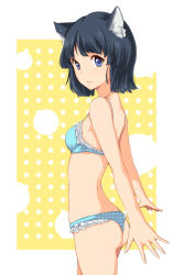 Rule 34 | 1girl, :3, : 3, animal ears, ass, black hair, blue bra, blue eyes, blue hair, blue panties, bob cut, bra, cat ears, cat girl, face, female focus, frilled bra, frilled panties, frills, from side, lingerie, matching hair/eyes, original, panties, polka dot, polka dot background, polka dot bra, polka dot panties, short hair, smile, solo, thong, tokunou shoutarou, underwear, underwear only