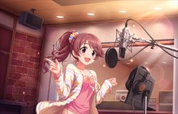 Rule 34 | 10s, 1girl, blush, bow, brown eyes, brown hair, character name, collarbone, dress, headphones, idolmaster, idolmaster cinderella girls, idolmaster cinderella girls starlight stage, long hair, microphone, music, official art, open mouth, parted bangs, pink eyes, ponytail, recording, ribbon, shiina noriko, singing, smile, solo