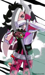 Rule 34 | 1boy, absurdres, asymmetrical gloves, belt, black hair, commentary, creatures (company), cropped jacket, dusk ball, eyeshadow, game freak, gloves, green eyes, grey eyeshadow, hair over one eye, hand up, highres, holding, holding poke ball, jacket, long hair, long sleeves, looking at viewer, makeup, male focus, microphone stand, mismatched gloves, multicolored hair, nintendo, pants, piers (pokemon), pink pants, poke ball, poke ball (basic), pokemon, pokemon swsh, sakura tecco, shirt, solo, standing, twitter username, two-tone hair, white background, white gloves, white hair, white jacket