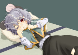 Rule 34 | 1girl, animal ears, bad id, bad pixiv id, cum, cum on clothes, cum on hair, dress, facial, grey hair, harukaze unipo, lying, mouse ears, nazrin, one eye closed, red eyes, short hair, solo, touhou, unipo, wince, wink