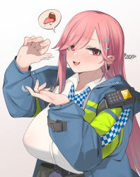 Rule 34 | 1girl, artist name, blue jacket, blush, boca, breasts, earrings, fellatio gesture, girls&#039; frontline, hair between eyes, heart, heart earrings, highres, jacket, jewelry, large breasts, long hair, looking at viewer, mole, mole under eye, open clothes, open jacket, open mouth, pink hair, police, police uniform, policewoman, red eyes, shirt, sig mcx (girls&#039; frontline), solo, tongue, tongue out, uniform, upper body, walkie-talkie, white background, white shirt