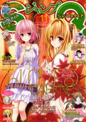 Rule 34 | 2girls, absurdres, autumn, autumn leaves, blonde hair, blush, boots, breasts, collarbone, cover, cover page, dress, frilled dress, frills, hair ornament, highres, japanese text, konjiki no yami, lips, long hair, looking at viewer, manga cover, medium breasts, momo velia deviluke, multiple girls, nose, official art, pink eyes, pink hair, red eyes, short hair, small breasts, smile, source request, standing, tail, third-party source, to love-ru, to love-ru darkness, twintails, yabuki kentarou