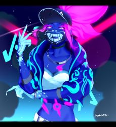 Rule 34 | 1girl, absurdres, akali, baseball cap, bodypaint, bustier, choker, cropped jacket, eyeshadow, fingernails, hat, highres, inanome me, jacket, jewelry, k/da (league of legends), k/da akali, league of legends, long hair, looking at viewer, makeup, midriff, navel, necklace, official alternate costume, open clothes, open jacket, ponytail, purple hair, sharp fingernails, solo, strapless, tube top, ultraviolet light, yellow eyes