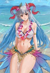 Rule 34 | 1girl, alternate costume, armlet, bare shoulders, beach, bikini, blue hair, breasts, cleavage, collarbone, commentary, covered erect nipples, curled horns, dated, english commentary, fire emblem, fire emblem heroes, flower, flower necklace, freyja (fire emblem), gradient hair, green flower, grey hair, hair flower, hair ornament, head tilt, highres, horns, jewelry, large breasts, long hair, looking at viewer, multicolored hair, navel, necklace, nintendo, pelvic curtain, red eyes, red horns, sendo (sendrawz), signature, sitting, smile, solo, stomach, swimsuit, very long hair, water, white bikini