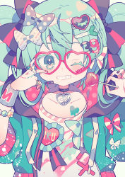 Rule 34 | 1girl, 39, ;), aqua eyes, aqua hair, bow, bracelet, candy, character name, choker, collarbone, colored eyelashes, commentary request, food, food-themed hair ornament, glasses, grin, hair bow, hair ornament, hatsune miku, headset, heart, heart-shaped eyewear, heart-shaped pupils, heart-shaped lollipop, highres, holding, holding food, hood, hood down, jacket, jewelry, lollipop, looking at viewer, nail polish, one eye closed, open clothes, open jacket, pendant, pink-framed eyewear, polka dot, polka dot bow, ribbon, ring, shaped lollipop, smile, solo, spring onion hair ornament, symbol-shaped pupils, twintails, upper body, vocaloid, wristband, yumenouchi chiharu