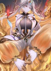 Rule 34 | 1girl, absurdres, breasts, broken halo, feet, fire, fire emblem, fire emblem heroes, grey hair, gullveig (fire emblem), gullveig (seer beyond time) (fire emblem), halo, highres, large breasts, long hair, looking at viewer, nenemu0, nintendo, oni horn, pale skin, red eyes, snake hair, solo, tagme