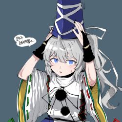 Rule 34 | 1girl, :/, ast.rockett, black nails, blue eyes, blue hat, bridal gauntlets, grey background, hair between eyes, hands up, hat, hat ribbon, highres, japanese clothes, kariginu, long hair, looking at viewer, mononobe no futo, nail polish, parted lips, pom pom (clothes), ponytail, ribbon, silver hair, simple background, solo, sweat, tate eboshi, touhou, turtleneck, upper body, very long hair, white ribbon, wide sleeves