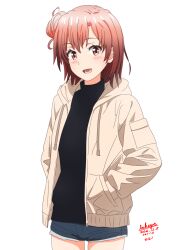 1girl :d black_shirt blue_shorts breasts brown_jacket cowboy_shot dated drawstring hair_bun hands_in_pockets hood hood_down hooded_jacket jacket long_sleeves medium_breasts open_mouth orange_hair puffy_long_sleeves puffy_sleeves red_eyes revision sakayaya shirt short_shorts shorts signature simple_background single_side_bun smile solo white_background yahari_ore_no_seishun_lovecome_wa_machigatteiru. yuigahama_yui