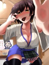 Rule 34 | 10s, 1girl, anchor symbol, artist request, blush, bowl, breasts, brown hair, candy, chocolate, chocolate heart, cleavage, collarbone, eyeball, eyebrows, food, food in mouth, heart, highres, kaga (kancolle), kantai collection, kneeling, large breasts, medama oyaji, monocle, nichimatteru hitoshi-san, outstretched hand, panties, pantyshot, ponytail, thighhighs, underwear, wide sleeves, yellow eyes