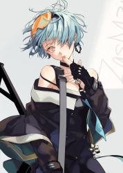 Rule 34 | 1girl, aqua necktie, ashita kura, bare shoulders, black gloves, blue hair, character name, choker, earrings, eyewear on head, fingerless gloves, fingers to mouth, girls&#039; frontline, gloves, goggles, goggles on head, highres, jewelry, lips, multicolored nails, nail polish, necktie, orange goggles, parted lips, pink eyes, short hair, simple background, single earring, solo, zas m21 (girls&#039; frontline)