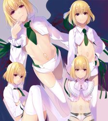 Rule 34 | &gt;:(, &gt;:), 1boy, bad id, bad pixiv id, beatmania, beatmania iidx, black wings, blonde hair, blush, crop top, expressions, frown, green necktie, green ribbon, hand on own hip, long sleeves, looking at viewer, male focus, mars symbol, midriff, nanotaro, navel, necktie, purple eyes, rche (beatmania), ribbon, short hair, short shorts, shorts, smile, solo, star (symbol), tattoo, thighhighs, trap, v-shaped eyebrows, white thighhighs, wings, zettai ryouiki