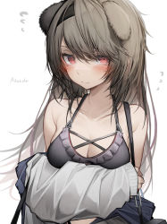 Rule 34 | 1girl, absinthe (arknights), absurdres, alternate hair length, alternate hairstyle, animal ears, arknights, arm under breasts, bear ears, bear girl, bikini, black bikini, black hairband, blush, breasts, brown hair, character name, cleavage, collarbone, commentary, extra ears, flying sweatdrops, hairband, highres, long hair, looking at viewer, medium breasts, red eyes, simple background, solo, swimsuit, tab head, upper body, white background