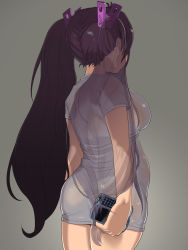 Rule 34 | 1girl, 2equal8, battle girl high school, black hair, cellphone, female focus, grey background, hair ornament, highres, holding, holding phone, phone, see-through, simple background, solo, thighs, tsubuzaki anko, twintails